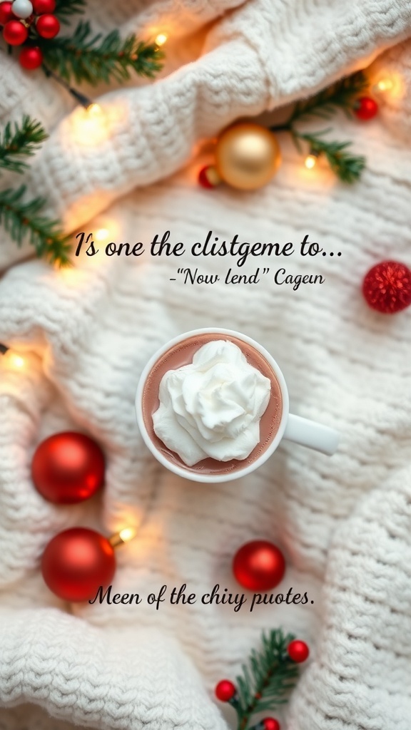 Aesthetic Christmas flat lay with hot cocoa, ornaments, and fairy lights.